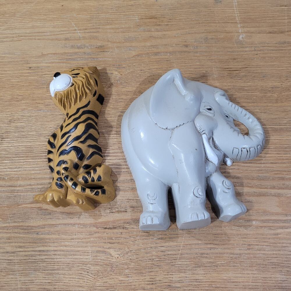 1995 Burwood Home Interior Zoo Animals Wall Art Plaques‎ Set of 2 Tiger Elephant